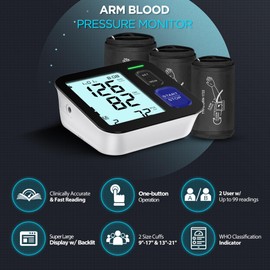 Blood Pressure Machine Upper Arm, 3 Size Cuffs, Small 7"-9", Medium/Large 9"-17" and Extra Large X-Large Cuff 13"-21", Accurate Automatic Digital BP Monitor Home Use, 4 AAA Alkaline Batteries Included