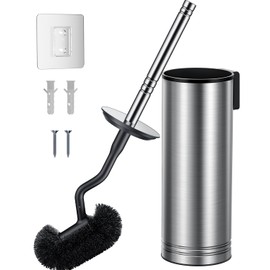 HAMITOR Toilet Brush and Holder Set: 304 Stainless Steel Heavy Duty Bowl Cleaner Brush - Deep Cleaning Under Rim Curved Bristle - Space Saving Wall-Mounted for Home RV Bathroom Accessories Silver