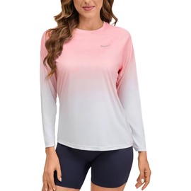 Eteoepo Women's UPF 50+ Long Sleeve Sun Shirts Quick Dry Hiking Athletic Gym Tops Rash Guard (Pink Gradient,M)