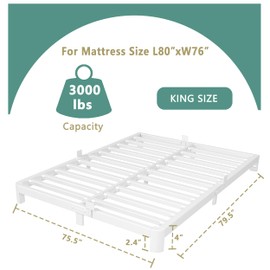 ITIMIDI 4 Inch White King Size Bed Frame, Metal Platform Bed Frames with Metal Gaskets, Heavy Duty Steel Support 3000 LBS, No Box Spring Needed, Anti-Slip Mattress Stopper, Easy Assembly