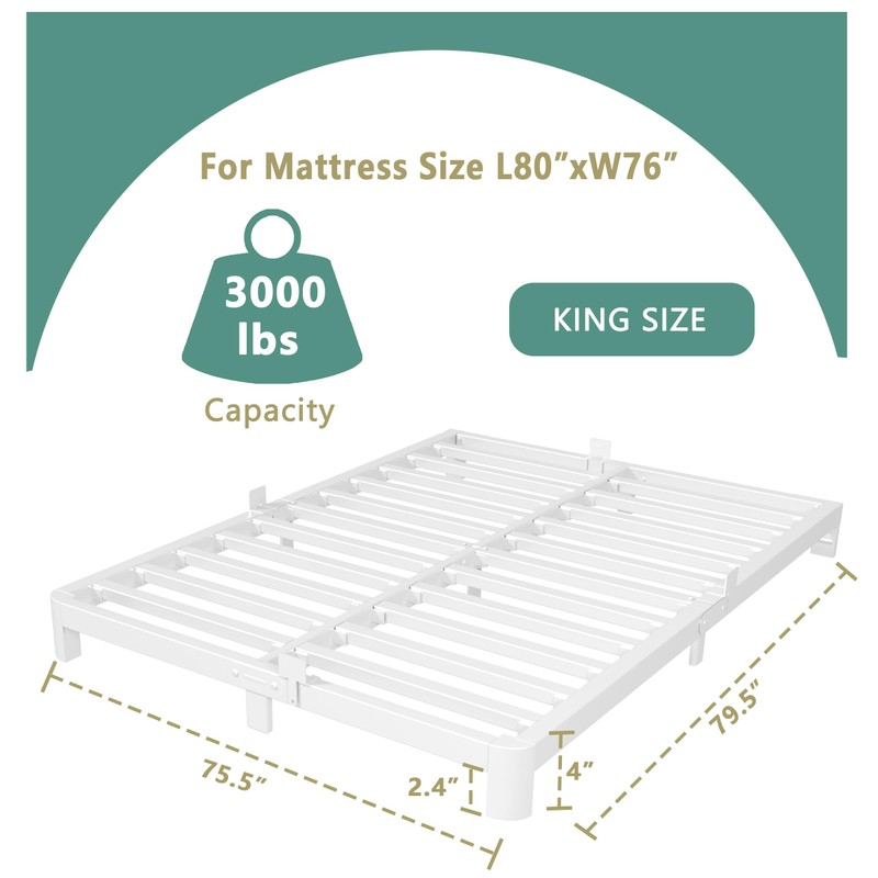 ITIMIDI 4 Inch White King Size Bed Frame, Metal Platform
