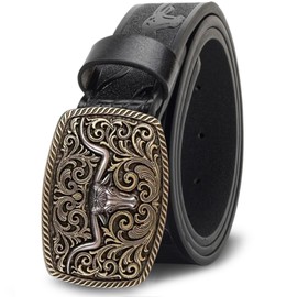 Oyifan Western Cowboy Cowgirl Leather Belt, Men's Longhorn Bull Floral Engraving, Women Brown Large Buckle Western Belt (Bronze, S Fit Waist 25-29inch)