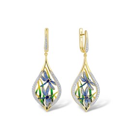 Santuzza 925 Sterling Silver Dragonfly Earrings Cubic Zirconia Enamel Grass Dangle Earrings for Women