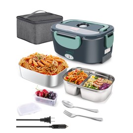Buddew Electric Lunch Box 80W Food Heater with Dual Container, Portable Lunch Warmer for Adults, Upgraded Heated Lunch Box for Car/Truck/Office (GREEN-Dual Container)