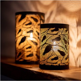 ZEYA Lantern, Black, Metal, Set of 2, Gold Decoration, Perfect Decoration for Living Room, Lantern Leaves, Modern