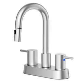 NOHALIPY Stainless Steel Brushed Nickel Bathroom Faucet with Pull Out Sprayer, Dual-Function Spout Bathroom Sink Faucet, 4 Inch Two Handle Centerset Vanity Faucets for Sink 3 Hole, Pet Shower, RVs