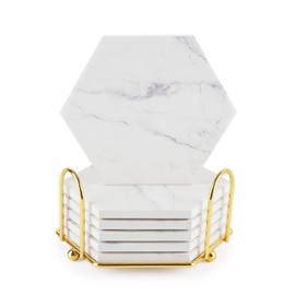 White Coasters - Coasters Set of 6, Stone Ceramic Coasters with Holder and Cork Base,Out Door Coasters for Garden Tables