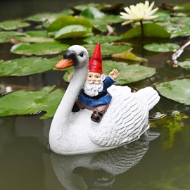 Juliahestia Gnome Riding Goose Pond Decor Floating Pool Decorations Accessories for Outdoor Ponds Backyard Lake Resin Fishing Figurine Patio Outside Gifts