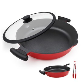 Bobikuke 2-In-1 Nonstick Deep Frying Pan, 12.5 Inch Non-stick Skillet with Lid, Aluminum Saute Pan with Detachable Handle, Induction Compatible, Dishwasher Safe, Red
