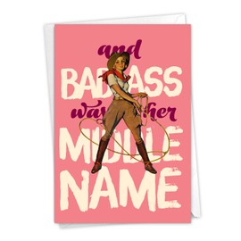 NobleWorks - Funny Blank Greeting Card for Women - Blonde Cowgirl, Retro All Occasion Notecard - Middle Name C6673OCB