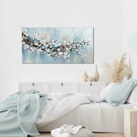 Derkymo White Plum Blossom Tree Canvas Art Flower Painting Prints on Grey Blue Background Elegant Botanical Floral Canvas Artwork Framed Ready to Hang 24"x48"