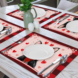 Cute Cat Placemats Set of 4 - Pink Red Heart Checkered Valentines Faux Leather Place Mats for Kitchen Table Indoor Outdoor Non-Slip Heat Resistant Placemat Wipeable Dining Table Mats, 17" x 12"