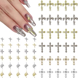 Kurilai 60pcs Cross Nail Charms for Acrylic Nails Accessories, 3D Star Nail Decorations for Nail Art, Cross Metal Pearl Rhinestones Nail Decor for Women Girl DIY Jewelry Cellphone Crafts(Gold+Silver)
