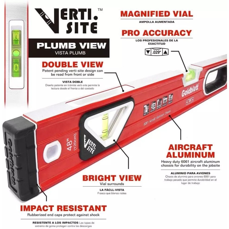 Goldblatt 48" Torpedo Level Vertical Site 3Vials 0°/90° Die Cast