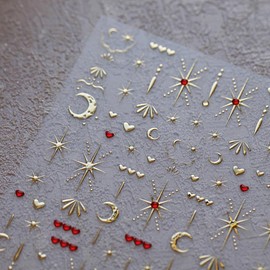 LIFOOST Gold Star Nail Stickers for Nail Art 5D Embossed Gold Nail Decals Moon Star Nail Art Stickers Red Rhinestone Nail Art Design Nail Supplies for Women DIY Manicure Decoration