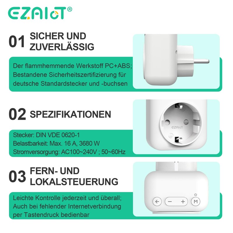 EZAIoT WLAN Socket Thermostat - Heating/Cooling/Timer, Includes 3 m &