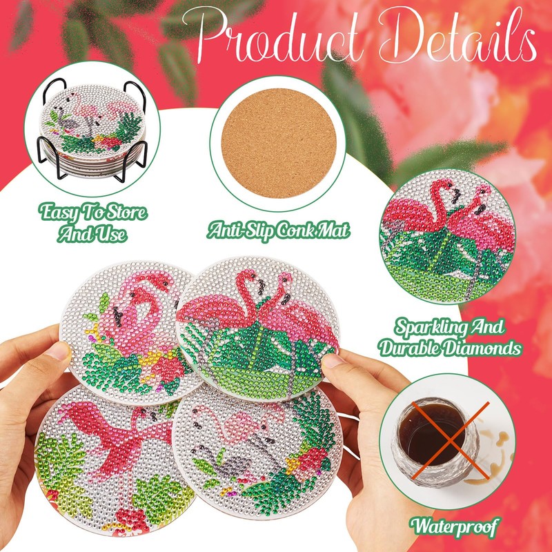 Beadthoven Flamingo Diamond Painting Coasters, 5D Diamond Art Cup Mat