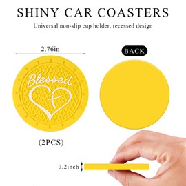 KVAEY 2 PCS Car Cup Holder Coaster, 2.76 Inch Anti Slip Vehicle Drink Mat with Cute Blessed Cross and Heart, Shockproof Cup Holder Coaster for Most Cars, Universal Car Accessories (Yellow)