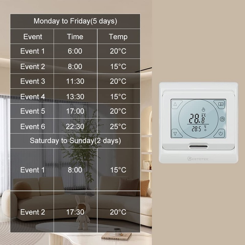 KETOTEK Digital Water Underfloor Heating Thermostat Programmable 3A, Under Floor