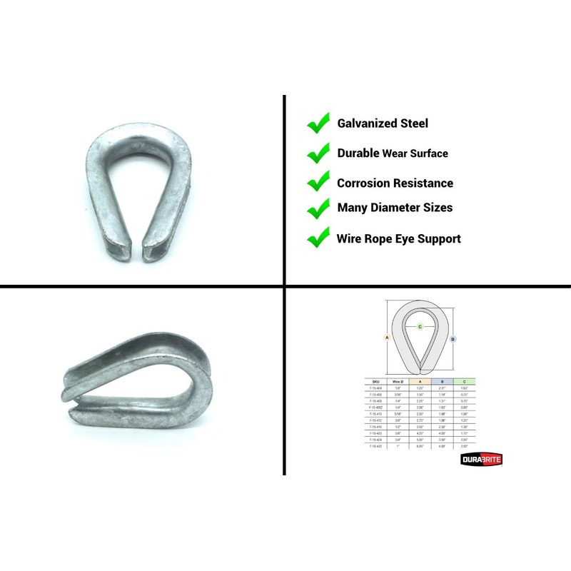 DuraBrite Galvanized Steel Heavy-Duty Cable Thimbles - 1/4" Wire Rope,