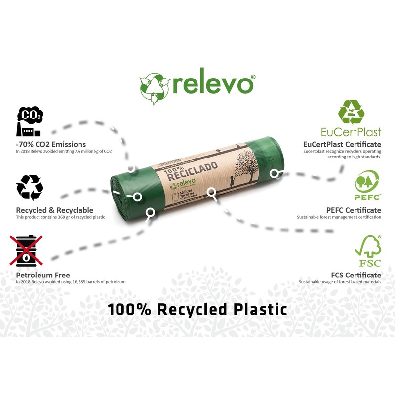 Relevo Bin Liners 50 L 100% Recycled Pack of 10