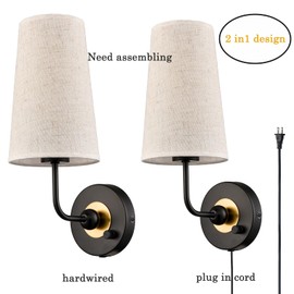 HYDELITE Plug in Wall Sconces Set of Two Black Wall Lamps Set of 2 Modern Wall Sconce Plug in Cord or Hardwired On/Off Switch with Linen Fabric Shade