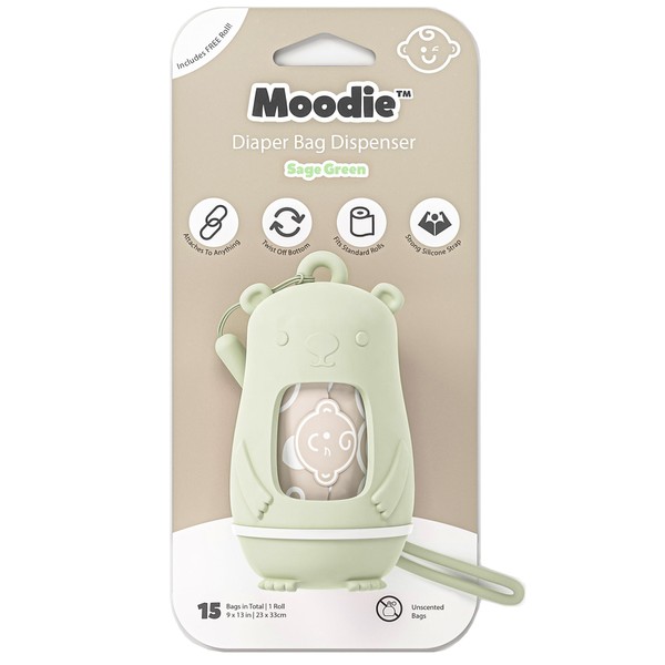 NEW Moodie Teddy Bear Diaper Bag Dispenser | Diaper Bag on the Go Dispenser w/Silicon Strap |15 UNSCENTED Diaper Disposal Bags per Roll | Diaper bag essential items (SAGE GREEN)