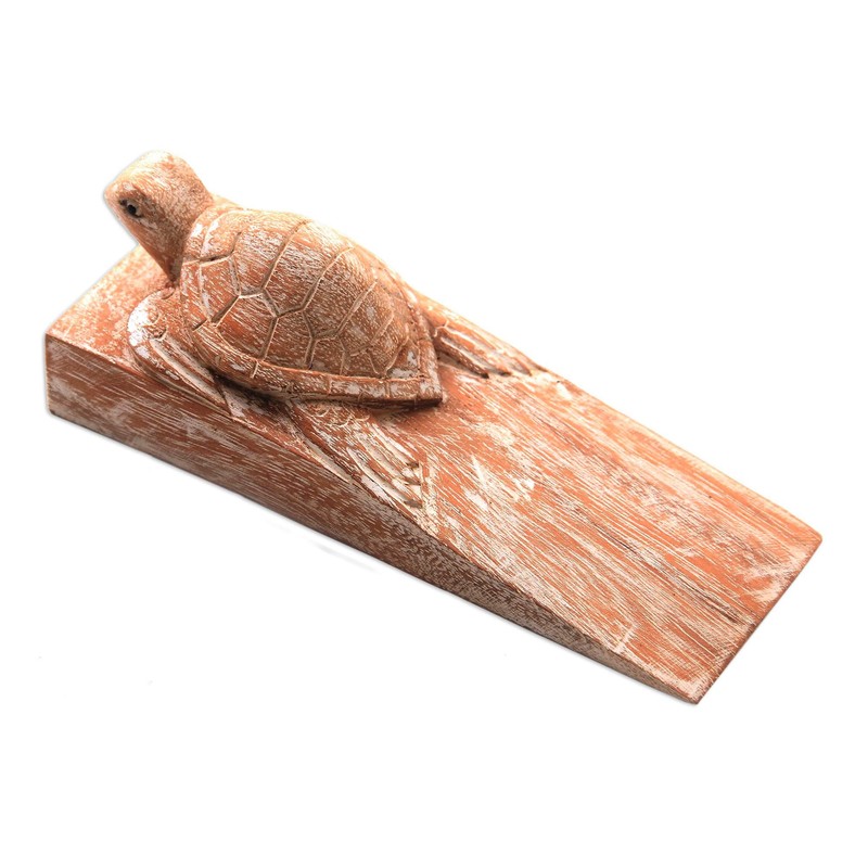 NOVICA Handmade Wood Baby Turtle Door Stopper, Brown and White,
