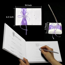 COSLANLEE Wedding Guest Book and Pen Set with Purple Satin Bow, Mr. and Mrs. Our Wedding, Blank Lined Pages for Visitor Register Sign-in Book for Events, 9 x 6.3 inches