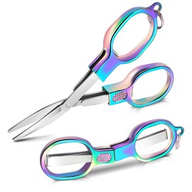 2PCS Folding Scissors, Color Stainless Steel Portable Travel Scissors, Foldable Pocket Badge Mini Small Scissor with 2 Key Ring, Gift for Men Safety Scissor for Outdoor, Fishing, Sewing, Home, Office