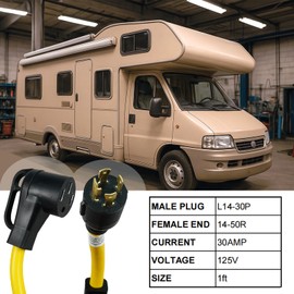 HIITIO 30 Amp to 50 Amp RV Generator Adapter Cord, 1FT NEMA L14-30P to 14-50R Adapter, 4 Prong Locking Power Adapter, Heavy Duty for RV Grip Handle 10AWG/4C Yellow, ETL Listed