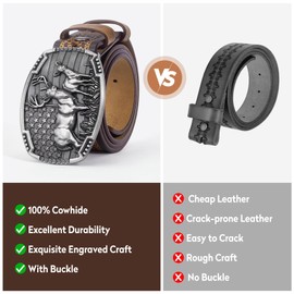 BISON DENIM Western Cowboy Leather Belt for Men Women Cowgirl, Mens Buckle Belt for Jeans, Country Belt, Men's Gifts