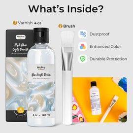 Nicpro Gloss Varnish for Acrylic Painting(4 oz, 120 ml), Non-Yellowing, Non-Toxic, Anti-Crazing, Clear Acrylic Varnish for Pro Artist & Hobby Painter on Canvas, Wood, Artwork, High Gloss Finish