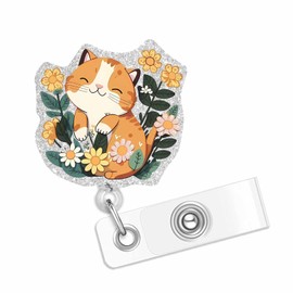 Cute Ginger Cat with Flowers Badge Reel, Funny Retractable ID Badge Holder with Swivel Alligator Clip for Nurses, Doctors, Medical Assistants, RN, LPN, CNA & Healthcare Professionals
