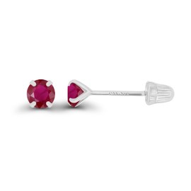 Solid 14K White Gold 3mm Round Genuine Red Ruby July Birthstone Solitaire Ball Screw Back Stud Earring