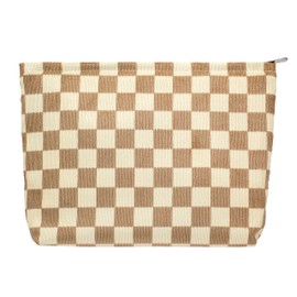 PAZIMIIK Makeup Bag Large Zipper Corduroy Make Up Pouch for Purse Travel Canvas Cosmetic Organizer for Women Brush Storage,Checkered Light Brown