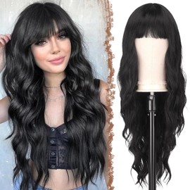 FESHFEN Long Black Wig with Fringe for Women Natural Synthetic Wavy Curly Wavy Hair Heat Resistant Women's Wigs for Daily Party Cosplay 65 cm