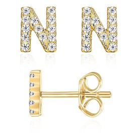Initial Stud Earrings for Girls, 14K Gold Plated Sterling Silver Post Cubic Zirconia Stud Earrings, Hypoallergenic Earrings for Women Girl Gifts (N)