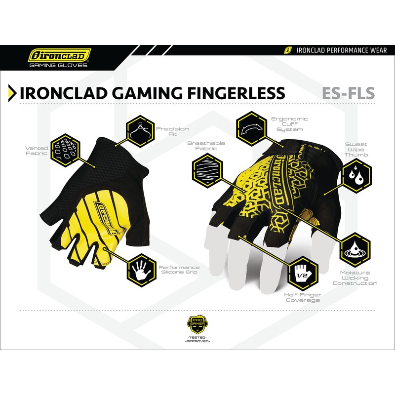 Ironclad Gaming Gloves, Half Finger Coverage, Precision Fit, Performance Silicone
