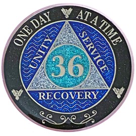 Simply Minimal (Years 1-50) 36 Year AA Recovery Silver Color Plated Glitter Medallion, Black Rainbow, Blue, Silver Glitter Coin, Epoxy Covered (AA 36 Year Glitter Medallion)