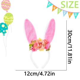 Easter Bunny Ear Headbands Spring Flower Headband for Women Pink Floral Easter Hair Accessories with Pink Plush Rabbit Ear Hair Bands for Egg Hunts Cosplay Costume Easter Basket Stuffers Gifts 1Pcs