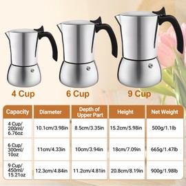 Vaolvpant No Coating 9 Cup Thickened 304 Stainless Steel Moka Pot Stovetop Espresso Maker Italian Coffee Machine 450ml 15oz Suitable for Gas Induction Stovetop Greca Coffee Maker Percolator