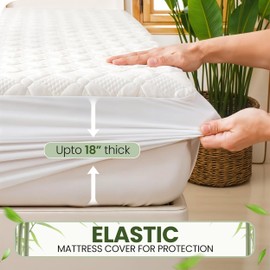 Canadian Linen Waterproof Mattress Protector, Soft Smooth White Floral Design Bamboo Viscose Fabric, Cooling Breathable Mattress Pad Noiseless Washable Nonslip Deep Pocket Fitted Mattress Cover, Queen