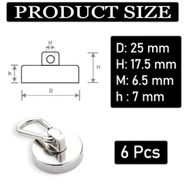 WTZWYFWJ Magnetic Hooks, Extra Strong, Pack of 6 Neodymium Magnetic Hooks, 25 mm, Tensile Force Strong Carabiner, Rotatable Magnetic Hook, Magnet with Hook for Fridges, Kitchens, Garage, Camping