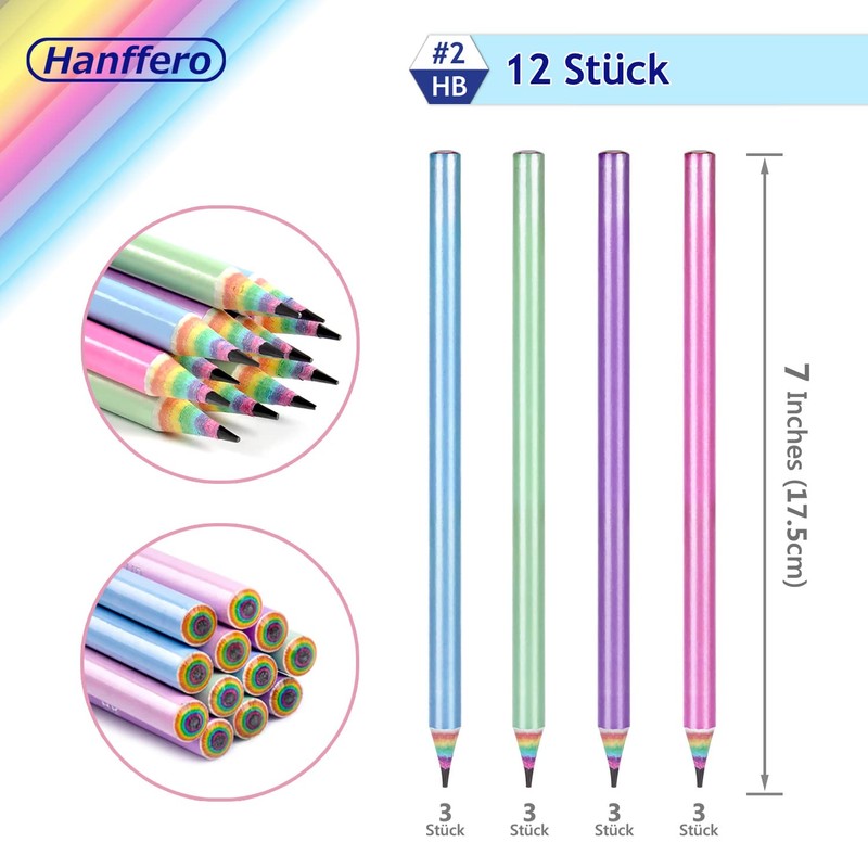Hanffero Rainbow Pencils Drawing Writing Pencil, Recyclable Paper, Pre-Sharpened, for