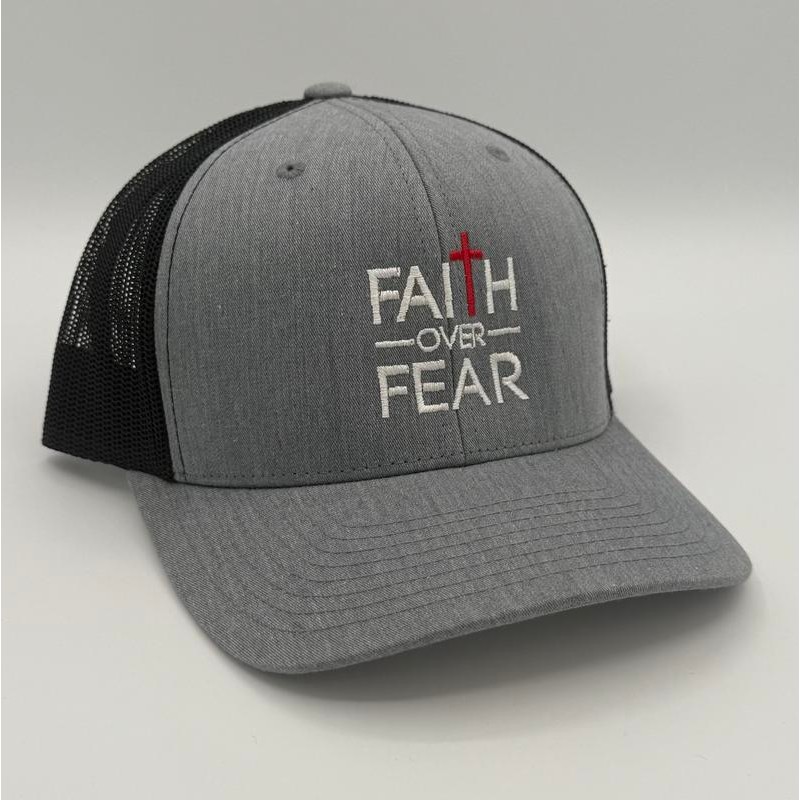 Faith Over Fear Embroidered Trucker Hat:_Red & White