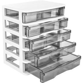 Charmewooden 5 Drawer Desktop Storage with clear drawers, Small Drawer Organizer, Clear Plastic Drawers Organizer, Desktop Organizer with Drawers, Plastic Drawer Storage with Sliding Drawer