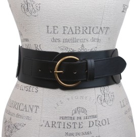 Cinturón de piel de grano completo trenzado de cintura alta para mujer de 3 pulgadas (75 mm), Negro -, 40"