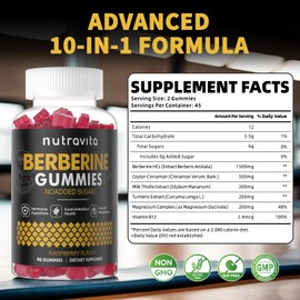 Nutravita Berberine Gummies with Ceylon Cinnamon 1500mg High Potency Berberine HCL Supplement for Immune and Metabolism Support, Sugar Free Organic Berberine Gummies Raspberry Flavor-2PACK