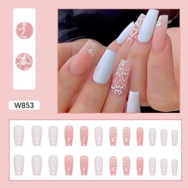 Valentines Press on Nails Glossy White Fake Nails with Glitter Sparkly Heart Designs Full Cover False Nails Valentine Long Coffin Glue on Nails Acrylic Nails Heart Nails Press on for Women